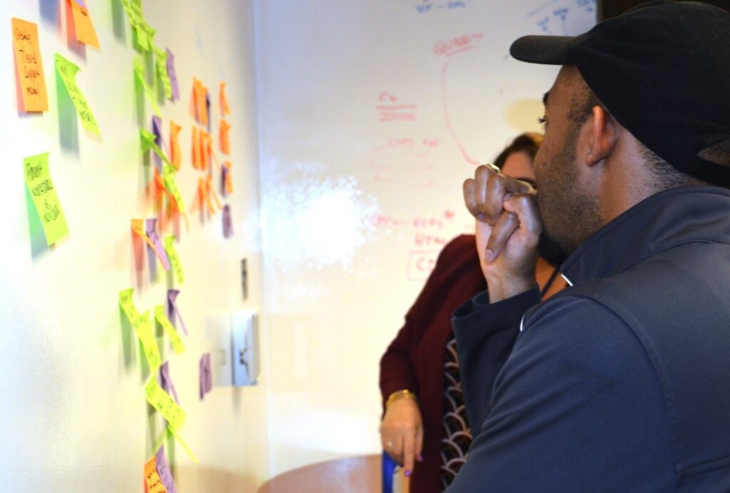Two people looking at sticky notes on a white board